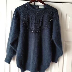 Unique angora  long sleeve blue sweater sz S - M